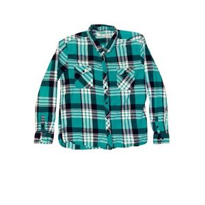 Layerz Clothing Women's Plaid Flannel Shirt Green Button Front Long Sleeve